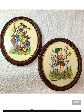 2 Vintage crewel stitched Hummel figures, Farm Girl 8039, Farm Boy 8038, framed